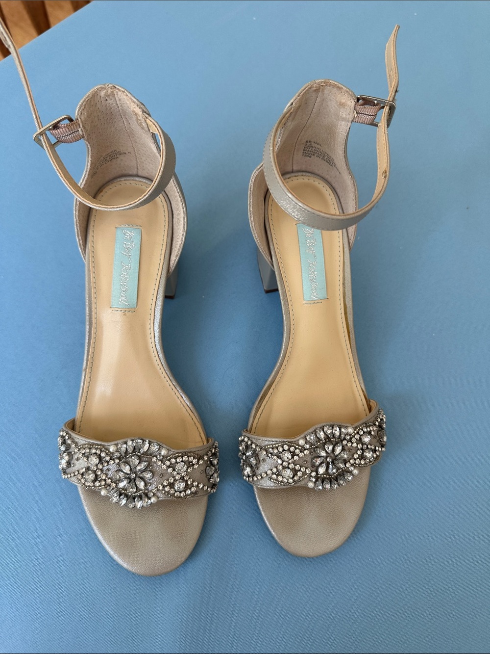 Betsey Johnson Silver Jeweled Ankle-Strap Heels